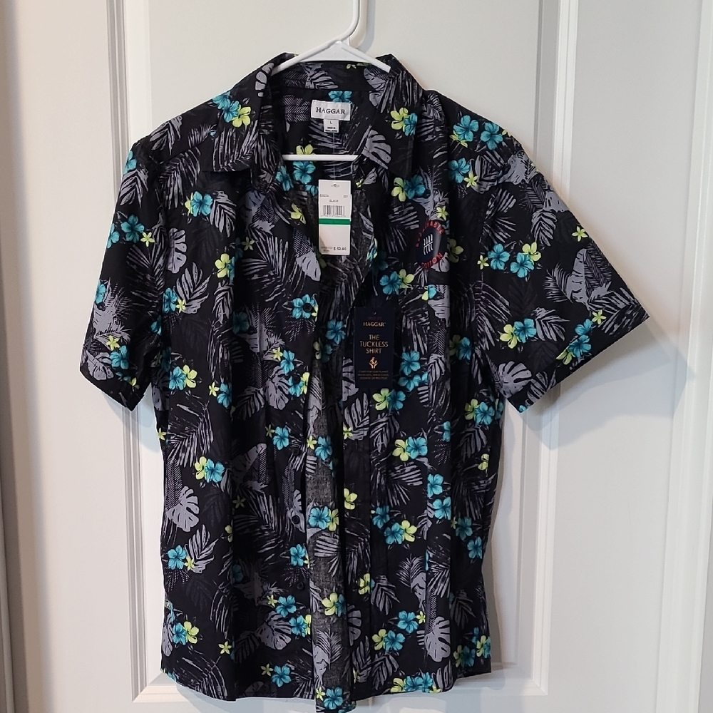 Haggar Black and Blue Casual Button Down Shirt Floral Design